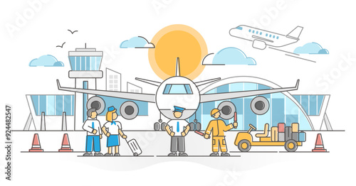 Airport with flight crew, pilot, attendants and loader as occupation scene outline concept, transparent background. Commercial aviation ground handling team.