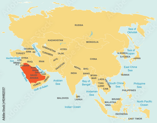 Highlighted map of SAUDI ARABIA inside detailed blank flat political map of the Asian continent on isolated background