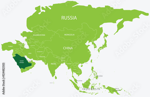 Highlighted map of SAUDI ARABIA inside detailed blank flat political map of the Asian continent on isolated background