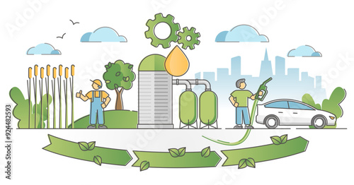 Biofuel life cycle process from biomass growing to ecological fuel consumption outline concept, transparent background. Sustainable production stages.