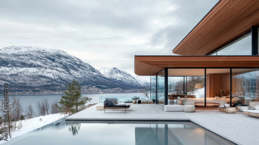 Fototapeta premium A glass walled house by snowy mountain, huge window for natural light