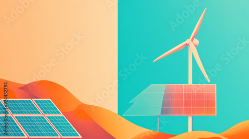 a vintage 90s poster of a wind turbine and a solar panel, blue and orange color scheme photo