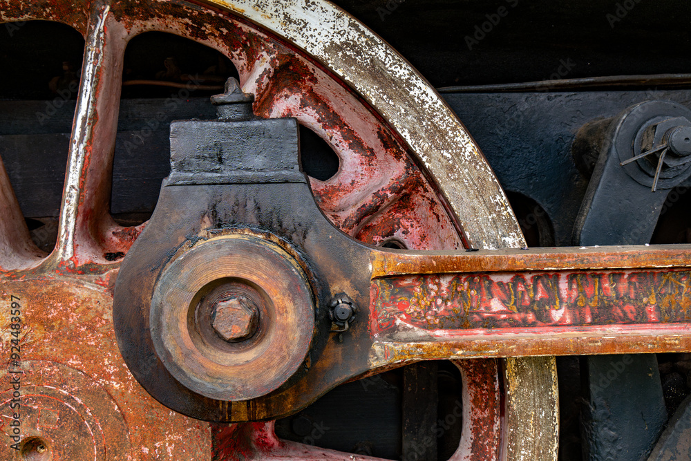 Rusty steam train detail weathered wheels and machinery in a historical railway settingbackround Rusty steam train detail weathered wheels and machinery in a historical railway settingbackround