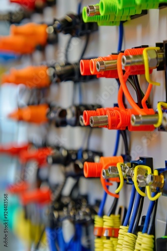 Colorful Audio Cables Connected to a Sound Mixer Board photo