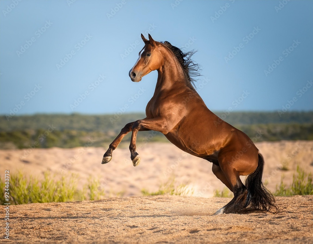 Bay horse rearing up on its hind legs Bay horse rearing up on its hind legs