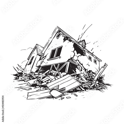Earthquake a natural disaster of destructive Vector Image .Earthquake House  illustration Vector Art, Icons, and Graphics 