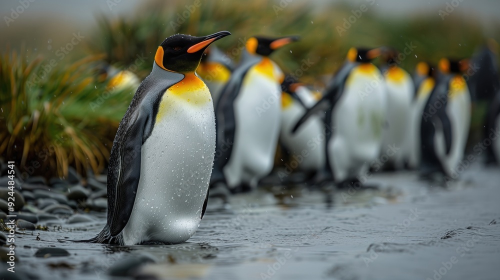 Obraz premium A Bustling Scene of a Large Colony of King Penguins in Their Icy Habitat