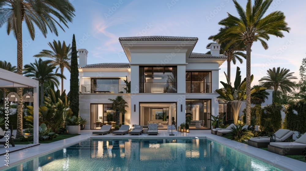 Fototapeta premium Luxury Villa with Swimming Pool and Palm Trees