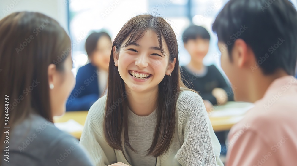 A Young Woman Smiles Brightly at Someone Off-Camera A Young Woman Smiles Brightly at Someone Off-Camera