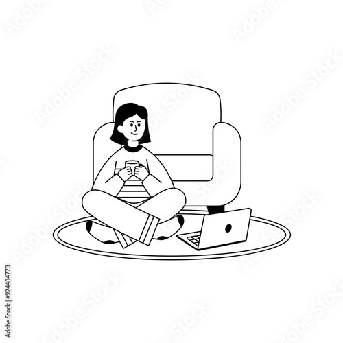 WFH Line Character 1 Woman Work While Drinking Coffee