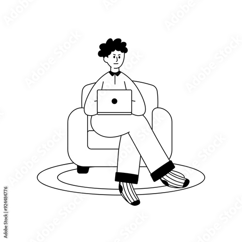 WFH Line Character 1 Man Work Sitting on Sofa 1