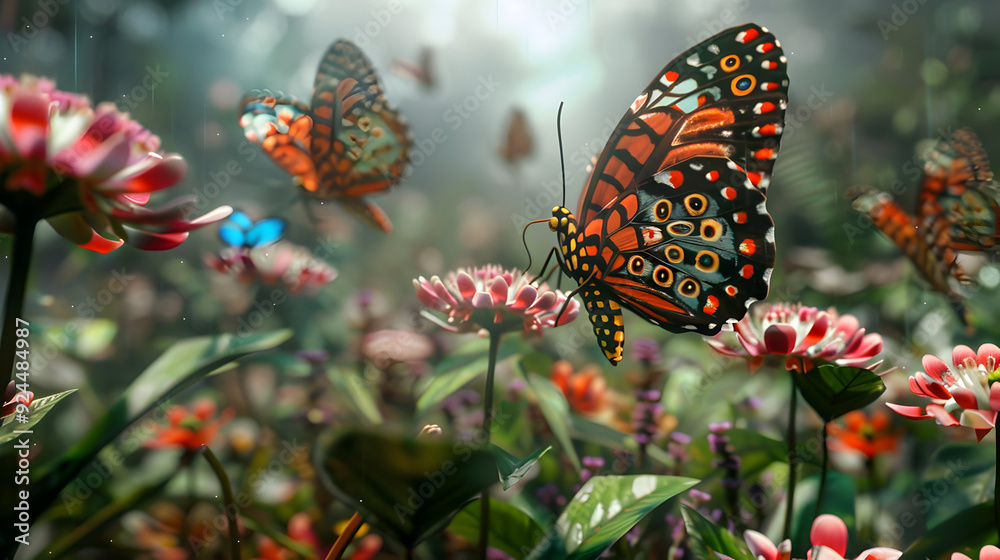A colorful butterfly perched on a flower, surrounded by other butterflies and blossoms in a lush, green garden. A colorful butterfly perched on a flower, surrounded by other butterflies and blossoms in a lush, green garden.
