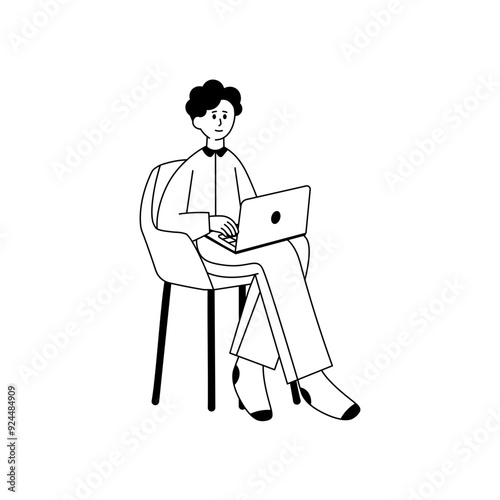 WFH Line Character 1 Man Work Sitting in Chair