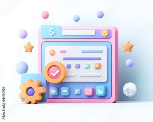 Colorful user interface mockup featuring buttons, icons, and settings in a playful 3D design on a soft background.