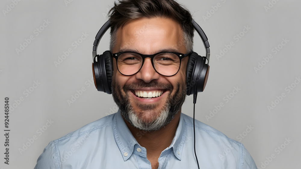 Middle aged man with glasses and beard in light shirt headphones listening to music and laughing on light background Middle aged man with glasses and beard in light shirt headphones listening to music and laughing on light background