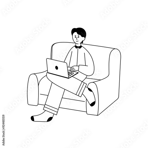 WFH Line Character 1 Man Work Sitting on Sofa 2