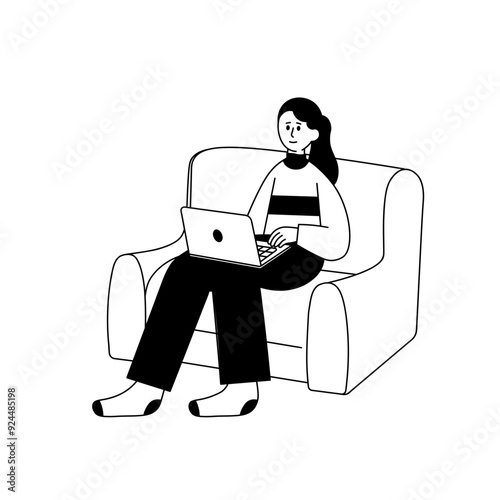 WFH Line Character 1 Woman Work Sitting on Sofa