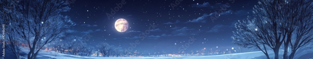 Lunar Longing on a Snowy Night: The Moon's Warm Embrace as a Beacon of Family Love for Wanderers in the Anime Style, storybook illustrations, comic strips, book illustrations and picture books