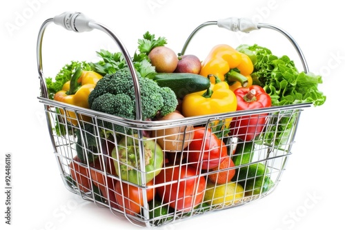 A metal basket filled with various fresh vegetables