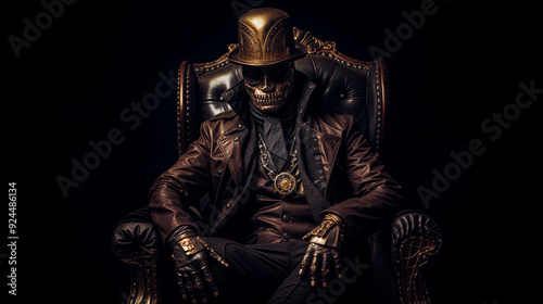 Steampunk skeleton villain seated regally in ornate leather armchair, wearing Victorian-style leather coat, top hat, and golden pocket watch, exuding dark power and wealth against black background