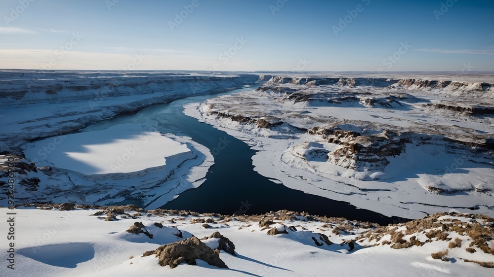 A snow-covered landscape with a winding river snaking through the valley. The river is partially frozen and the surrounding mountains are covered in a thick layer of snow. The sky is a clear blue. A snow-covered landscape with a winding river snaking through the valley. The river is partially frozen and the surrounding mountains are covered in a thick layer of snow. The sky is a clear blue.