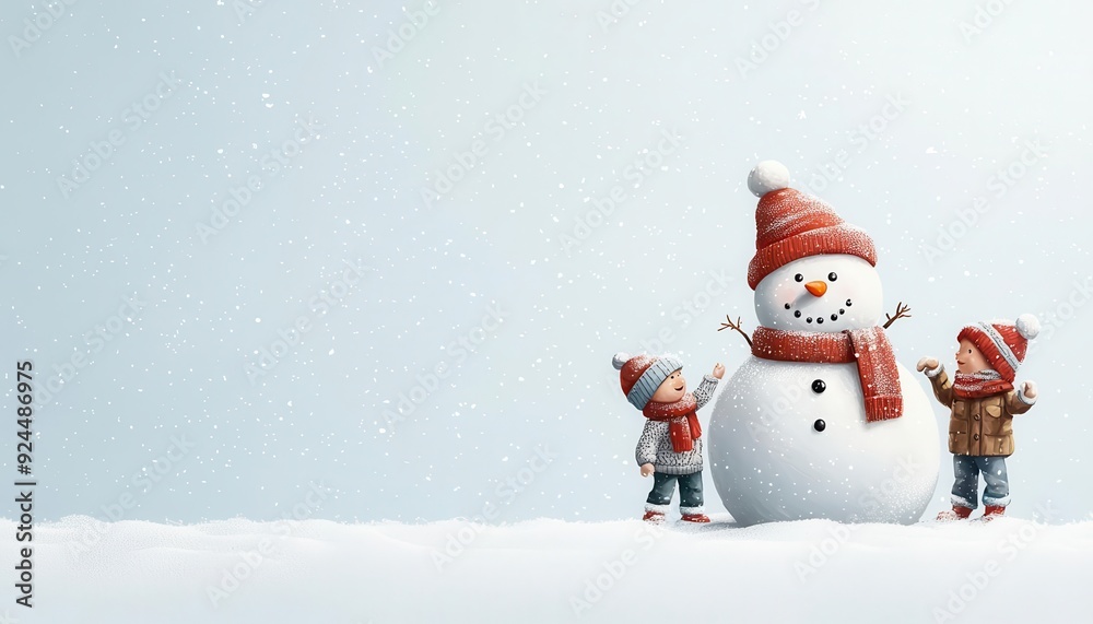 Obraz premium Snowman with a red scarf, frosty Christmas morning, kids playing in the snow, Watercolor style