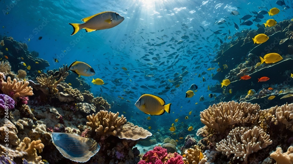 Fototapeta premium A vibrant underwater scene with colorful fish swimming through a coral reef.