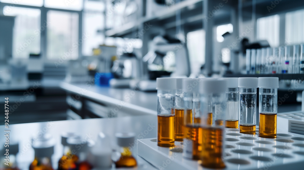 medical vials organized on a lab bench with scientific equipment. medical vials organized on a lab bench with scientific equipment.