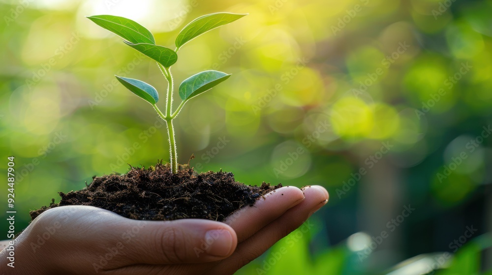 Hand holding a small green plant with soil. Ecology concept Hand holding a small green plant with soil. Ecology concept