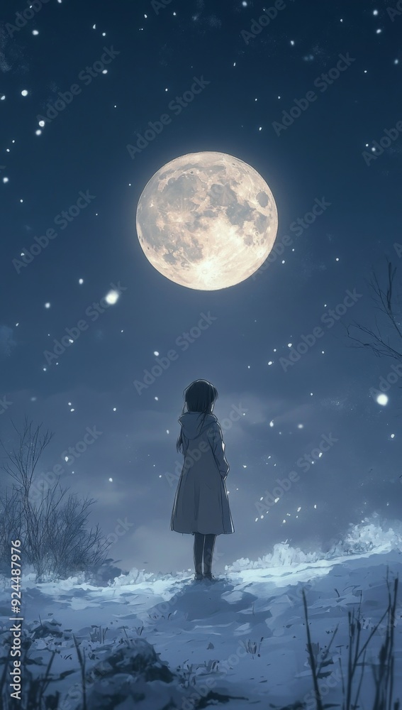 Lunar Longing on a Snowy Night: The Moon's Warm Embrace as a Beacon of Family Love for Wanderers in the Anime Style, storybook illustrations, comic strips, book illustrations and picture books Lunar Longing on a Snowy Night: The Moon's Warm Embrace as a Beacon of Family Love for Wanderers in the Anime Style, storybook illustrations, comic strips, book illustrations and picture books