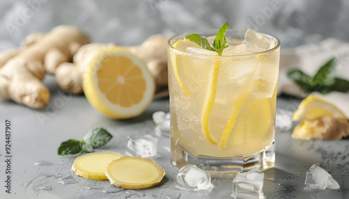 Glass of tasty ginger ale with ice cubes and ingredients on grey table