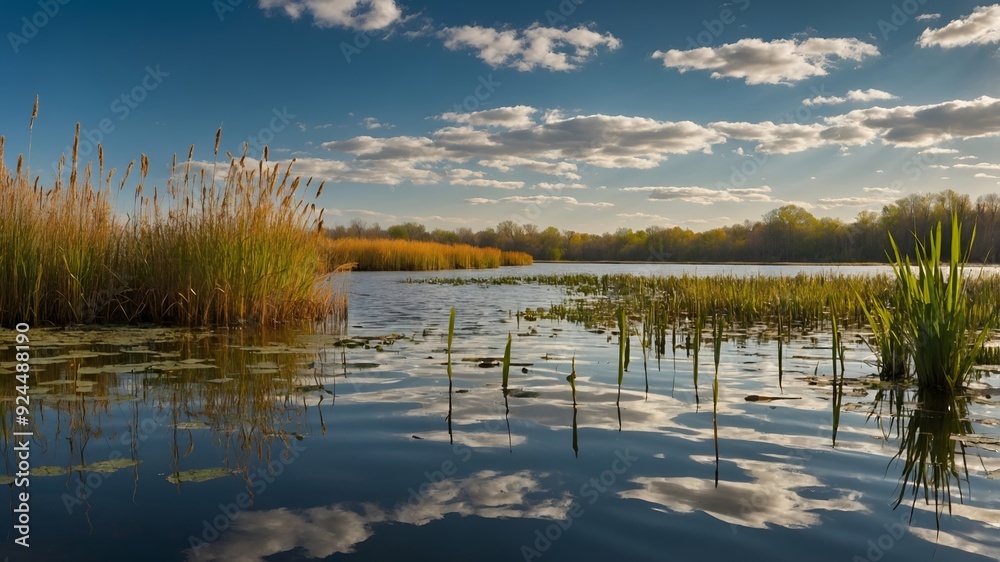 Calm water reflecting the blue sky and fluffy white clouds, with green reeds in the foreground. Calm water reflecting the blue sky and fluffy white clouds, with green reeds in the foreground.