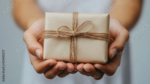 Holding a brown, twine-wrapped gift with both hands. photo