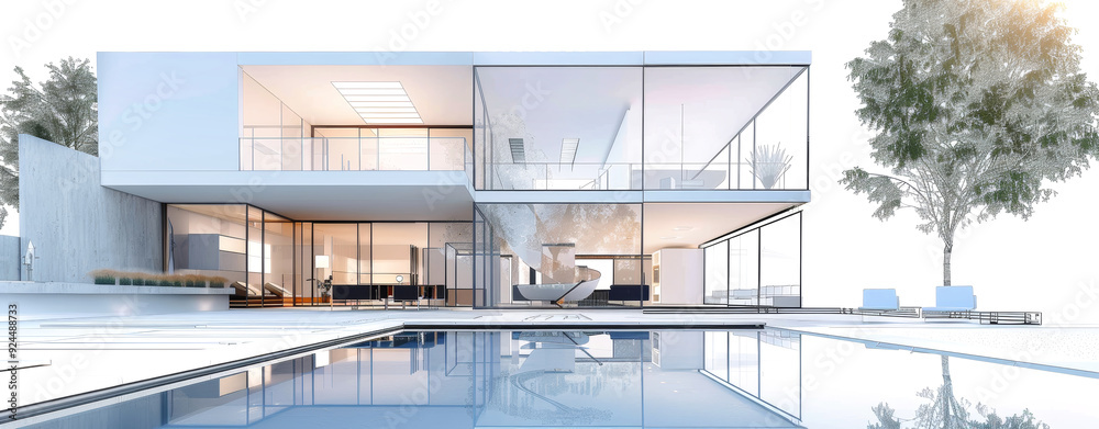 Fototapeta premium A modern cottage with a glass facade and a swimming pool sits in the city. The building's design is minimalist and sleek
