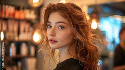 Elegant woman with wavy hair in a warm-lit salon