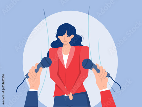 Speaker feeling anxiety,panic and fear Little girl is afraid to speak in front of public and feels embarrassed standing on stage near hands with microphone.