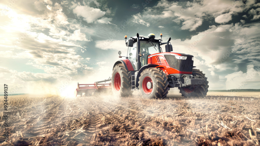 Obraz premium A vibrant tractor skillfully cultivates the rich earth, surrounded by a breathtaking sky as dust swirls in the warm light of the setting sun