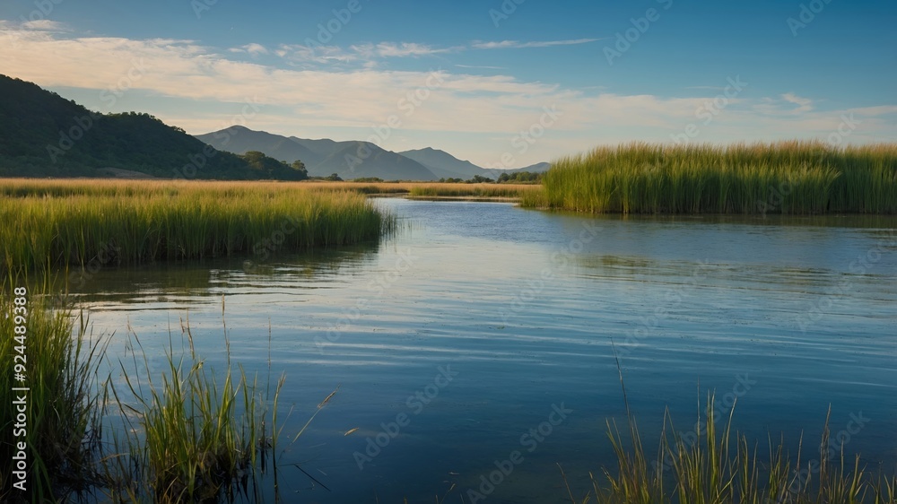 Calm blue water reflecting the sky, with lush green grass in the foreground, and mountains in the distance. Calm blue water reflecting the sky, with lush green grass in the foreground, and mountains in the distance.