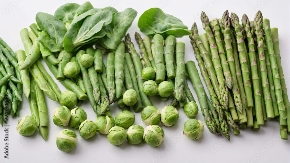 Organic green vegetables including Brussels sprouts green beans and asparagus on white background with ample copy space Green veggies concept Organic green vegetables including Brussels sprouts green beans and asparagus on white background with ample copy space Green veggies concept