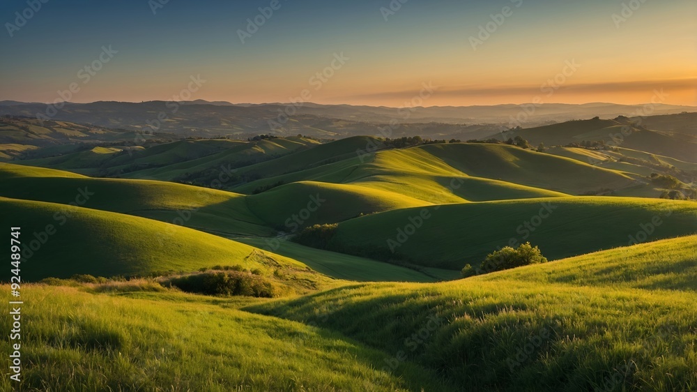 Fototapeta premium Rolling green hills with golden sunset in the sky.