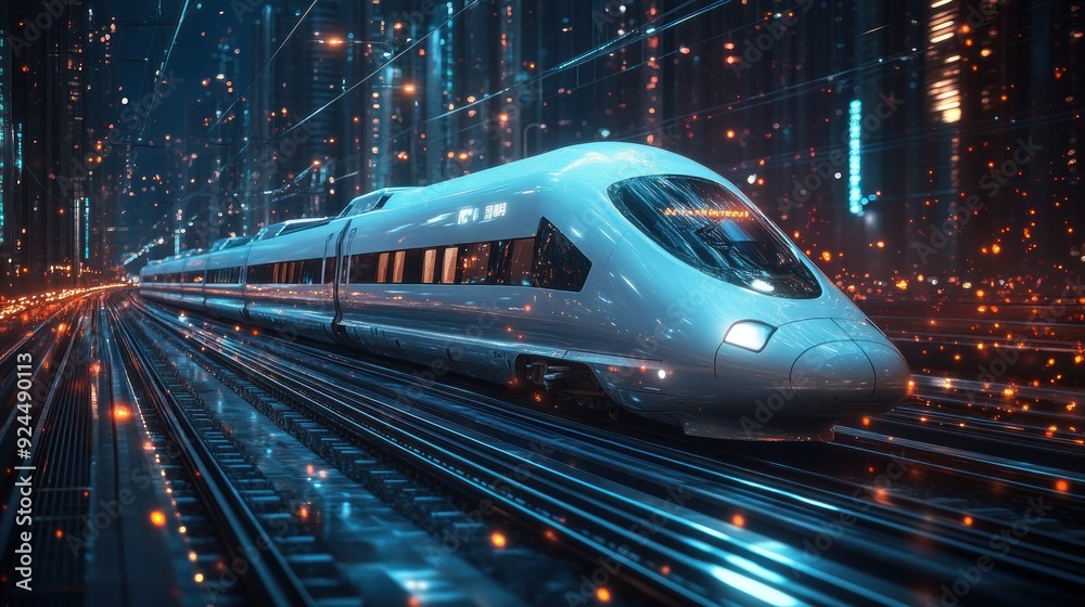 High-speed train zooming through a neon-lit cityscape. High-speed train zooming through a neon-lit cityscape.