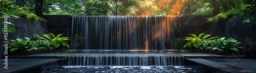 A modern water feature with cascading sheets of water flowing down concrete steps