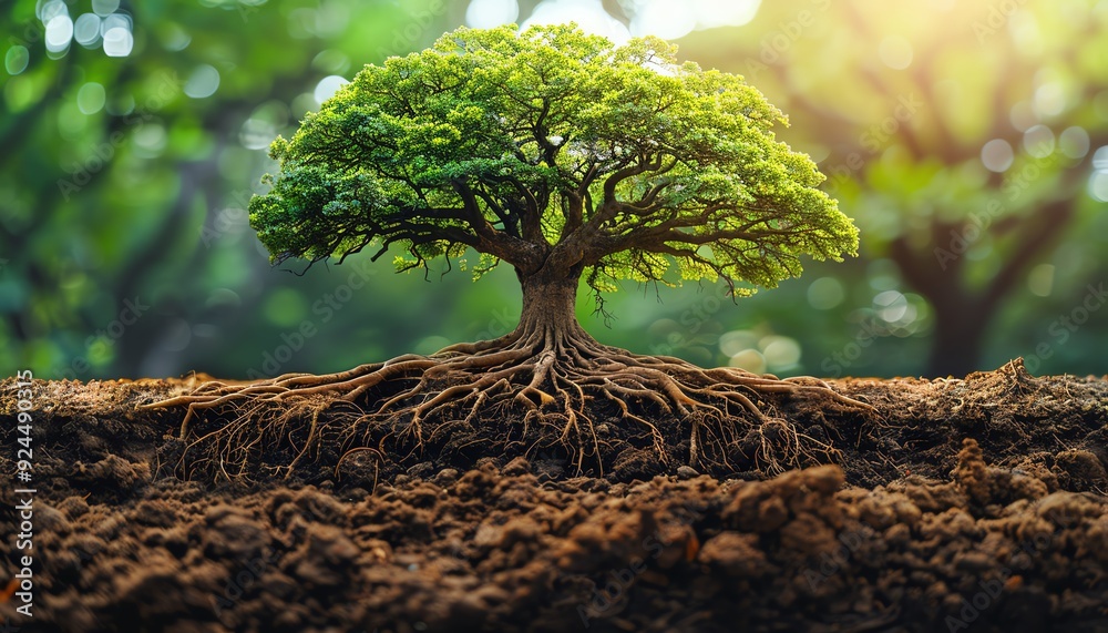 A tree with exposed roots, showing its depth beneath the soil, symbolizing growth and stability A tree with exposed roots, showing its depth beneath the soil, symbolizing growth and stability