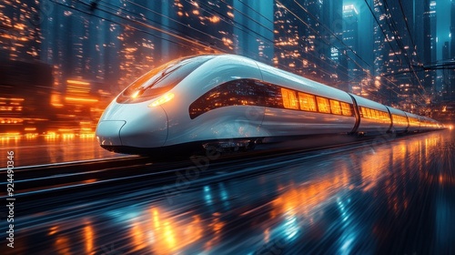 High-speed train in futuristic city at night