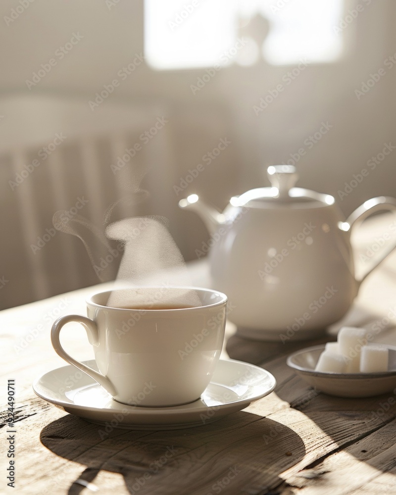 Natural Light Morning Tea Time Steam Rising from Black Tea in Porcelain Cup with Wooden Table Setting and Sugar Cubes Natural Light Morning Tea Time Steam Rising from Black Tea in Porcelain Cup with Wooden Table Setting and Sugar Cubes