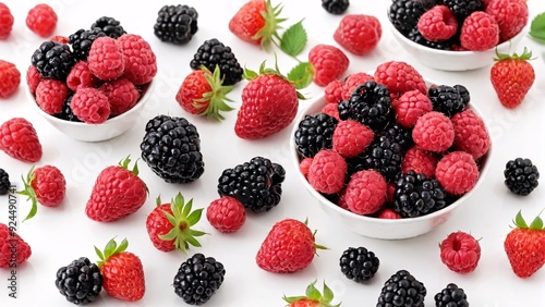 Organic fresh berries including raspberries blackberries and strawberries on white background with ample copy space Berry bounty concept