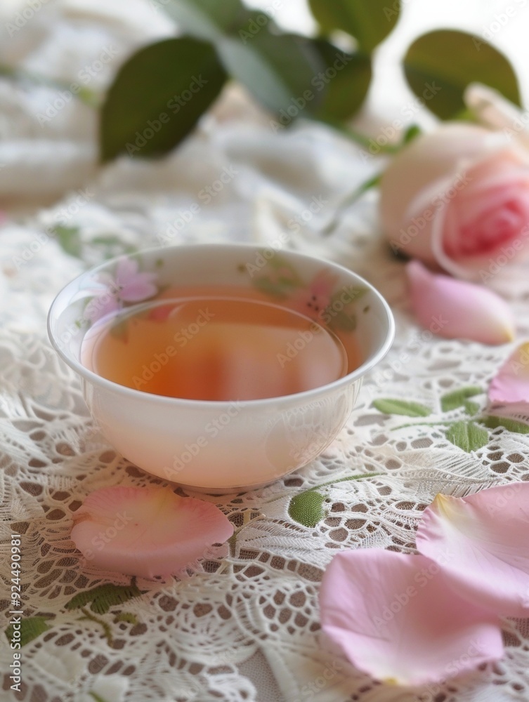 Elegant Close-up of Rose Tea in Delicate Porcelain Cup on Vintage Lace Tablecloth with Fresh Rose Petals in Soft, Natural Daylight, Capturing Floral Beauty and Elegance Elegant Close-up of Rose Tea in Delicate Porcelain Cup on Vintage Lace Tablecloth with Fresh Rose Petals in Soft, Natural Daylight, Capturing Floral Beauty and Elegance
