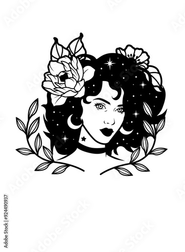 Celestial Afro Woman Illustration, Laurel Wreath Cut File, Floral Lady Stencil, Stars and Crescent Vector, Botanical Mom Clipart