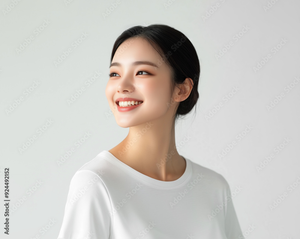Studio shot of a beautiful Asian idol girl with a happy expression. Natural makeup on beautiful model with wide smile healthy skin side view copy space.
Studio shot of a beautiful Asian idol girl with a happy expression. Natural makeup on beautiful model with wide smile healthy skin side view copy space.