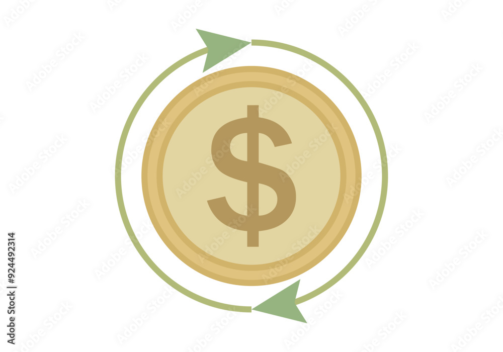Moneda dorada de dólar rodeada de flechas circular verde representando las operaciones financieras Moneda dorada de dólar rodeada de flechas circular verde representando las operaciones financieras